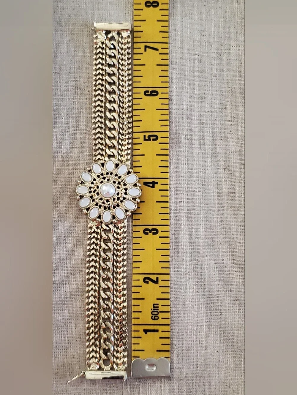 ​WHBM Gold-Tone Chevron & Curb Chain Faux Pearl Flower Medallion Bracelet